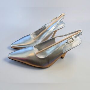 Metallic Silver Pointed Slingback Heels